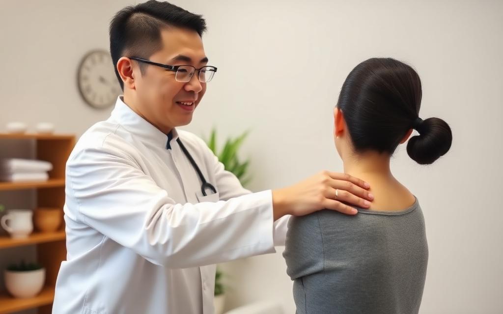香港中醫師檢查肩頸痛症 香港中醫師為患者檢查肩頸痛症 - 富貴包頸椎病肩周炎診斷